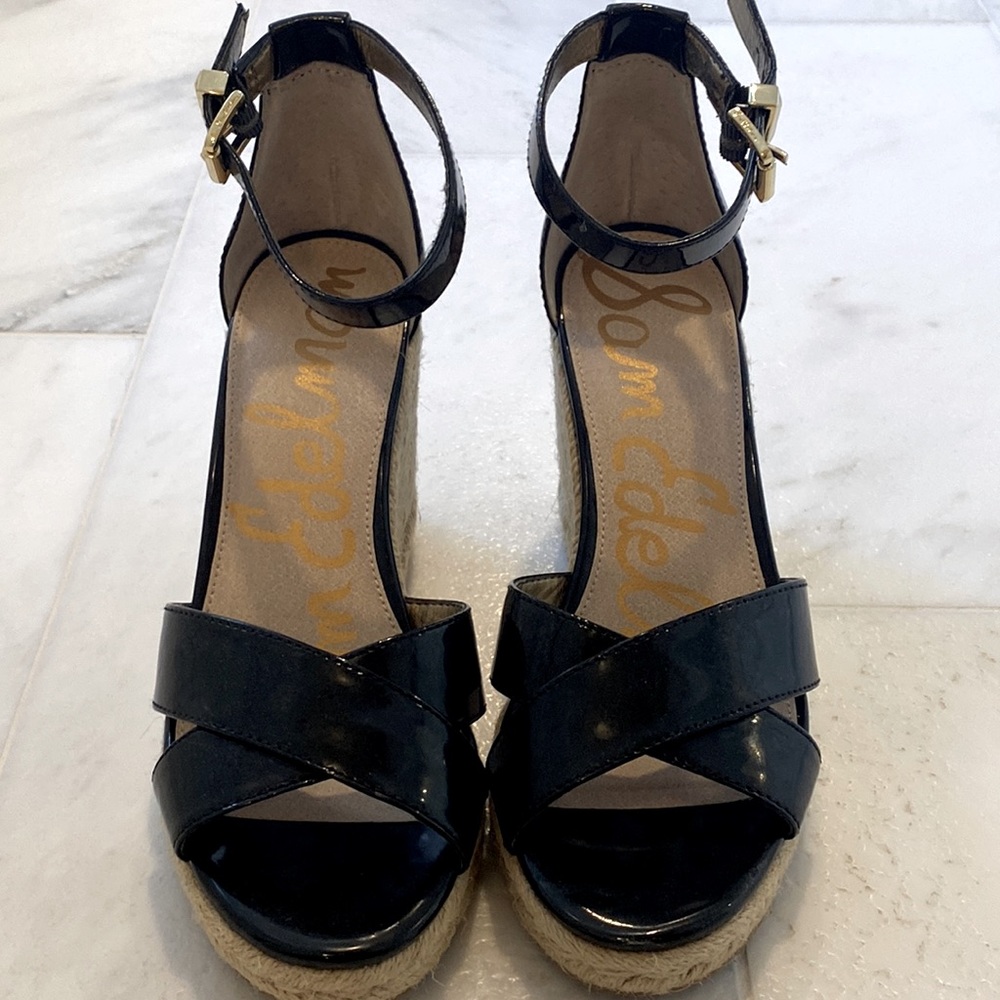 Sam Edelman Brenda Black Patent Leather Espadrille Wedge Sandal Size 7